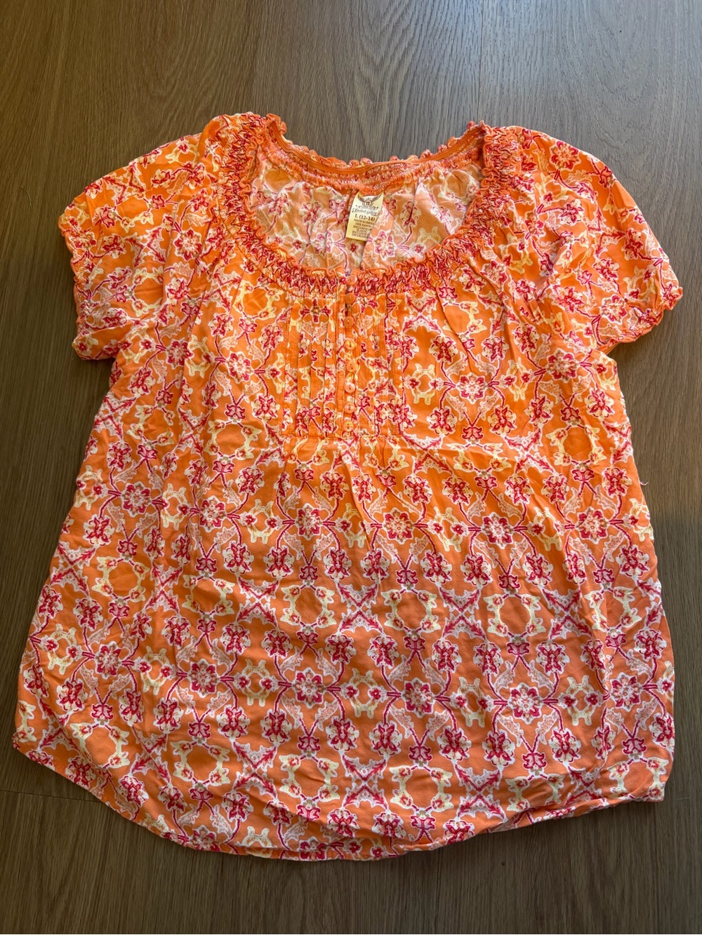 Faded Glory Orange and Pink Floral Smocked Neck Short Sleeve Top